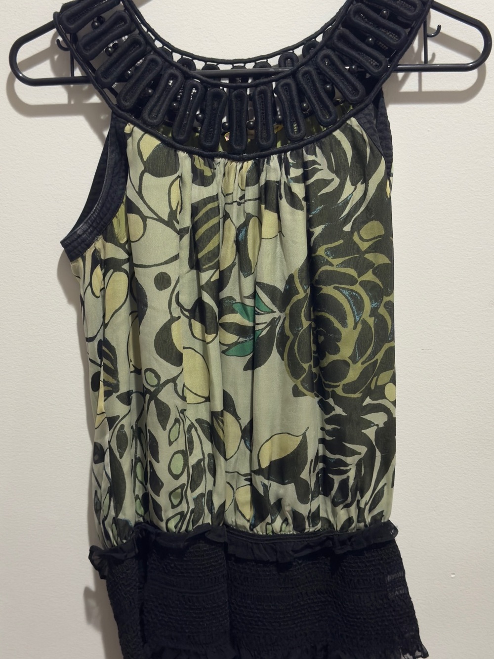 Catherine Malandrino Black and Olive Floral Silk Camisole
